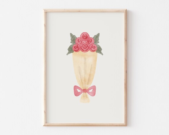Pink Flowers Bouquet Wall Art Neutral Valentines Day Printables Classic Valentines Watercolor Art Cute Minimailst Valentines Day Decor