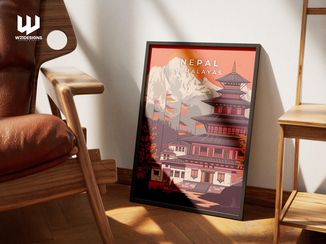 Nepal Himalayas Temple Peaks Sunset Vintage Illustration Poster - Image 4