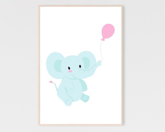 Baby Elephant Print Pink Balloon Nursery Decor Girl Wall Art Decorations Animal
