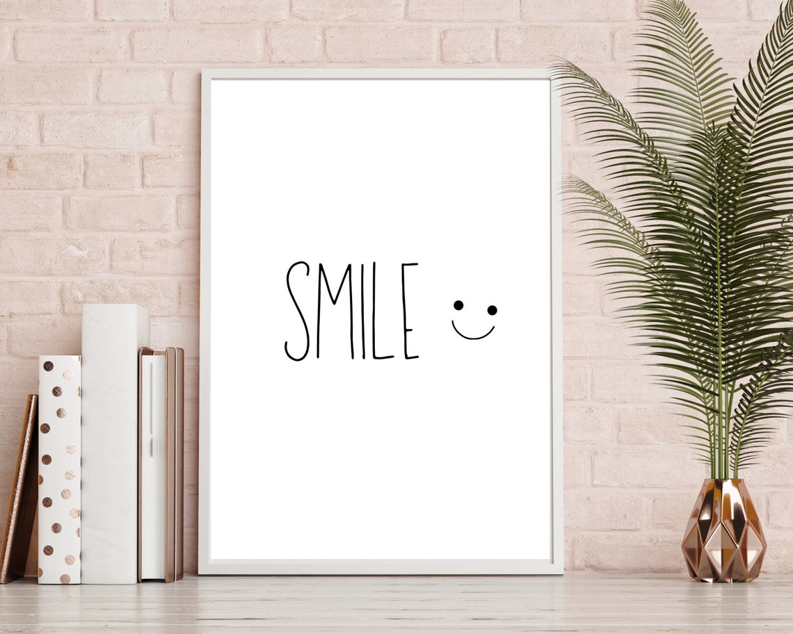 Smile With Happy Face Minimalist Cheerful Typography Quote Wall Art