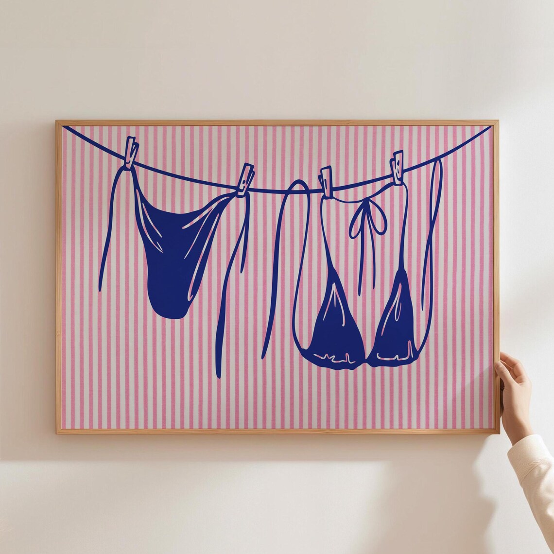 Blue Bikini Clothesline Pink Striped Coastal Beach Art Print