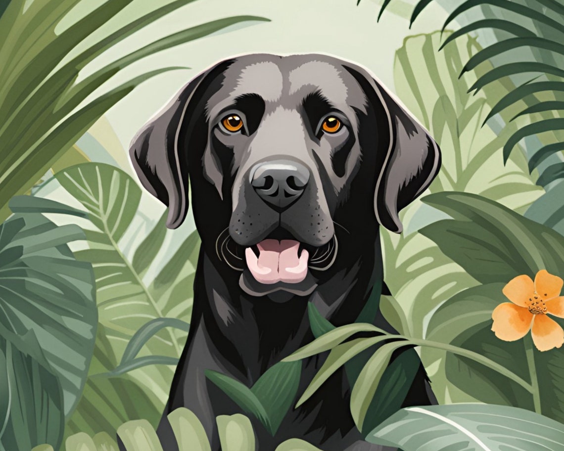 Happy Black Labrador Retriever Grinning Among Jungle Leaves Poster - Image 2