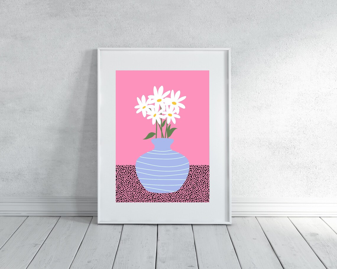 White Daisies In Blue Striped Vase Bold Hot Pink Botanical Poster - Image 2