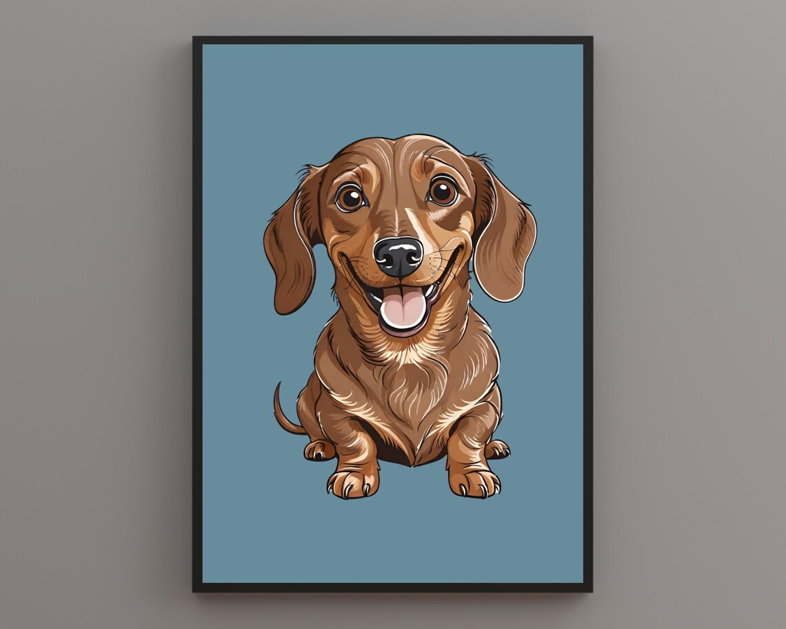 Smiling Dachshund Pet Portrait On Dusty Blue Background Poster