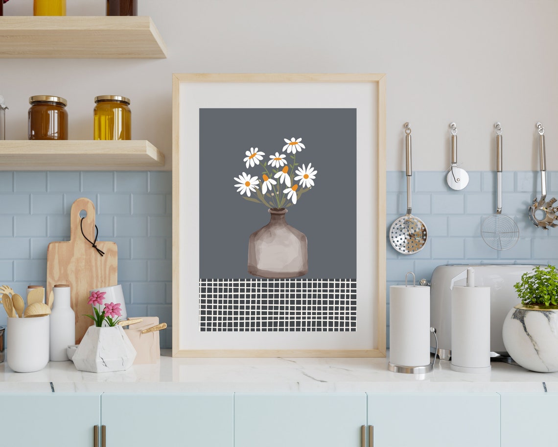 Wild Daisies In A Grey Glass Vase On A Grid Tablecloth Poster - Image 2