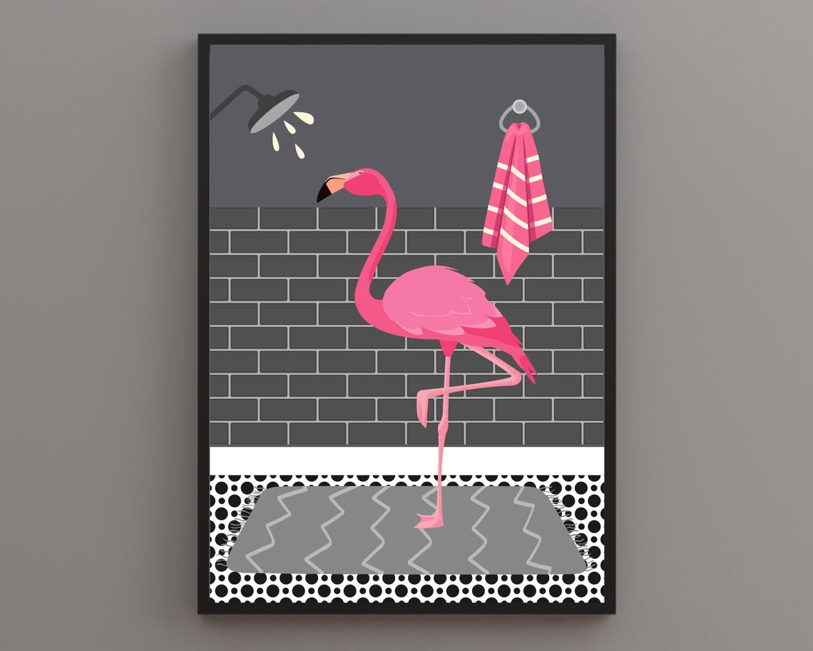 Flamingo In The Shower Flamingo In The Bathroom Print Animal In Bathroom White Bathroom Print Wild Animal In Shower Funny Animal Print