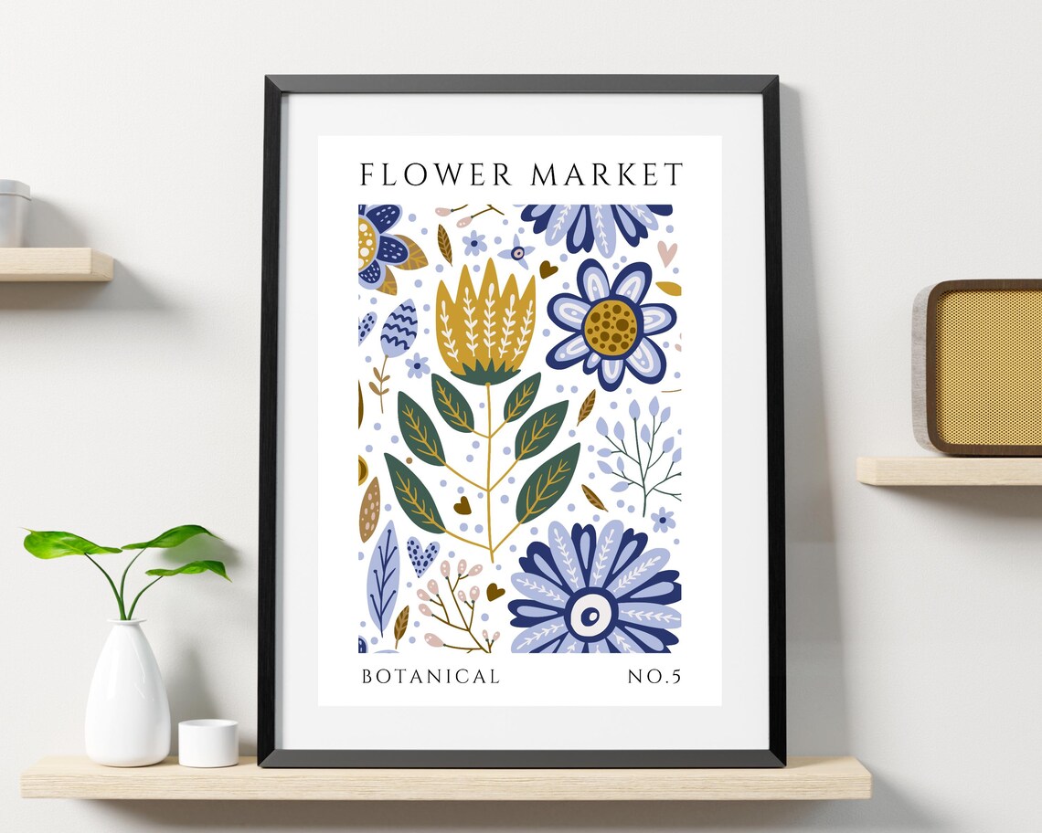Flower Market Blue Gold Tulip Folk Florals Botanical Style No 5 Poster - Image 3