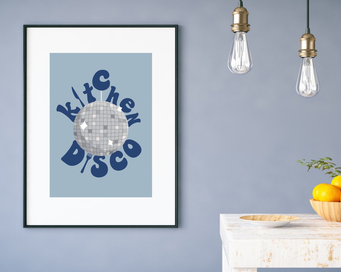 Kitchen Disco Navy Groovy Disco Ball Retro Blue Kitchen Poster - Image 2