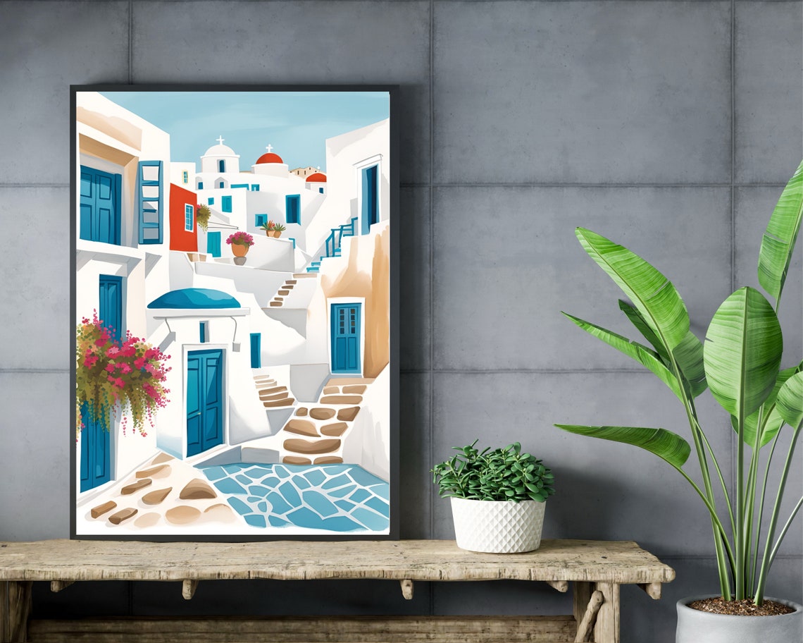 Mykonos Whitewashed Alley Blue Doors Church Greece Island Poster - Image 2