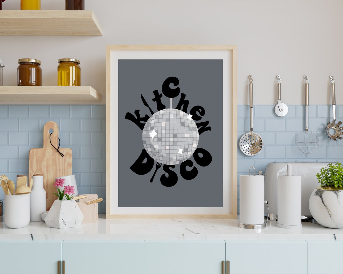Kitchen Disco Grey Disco Ball Retro Wavy Bubble Lettering Poster - Image 3