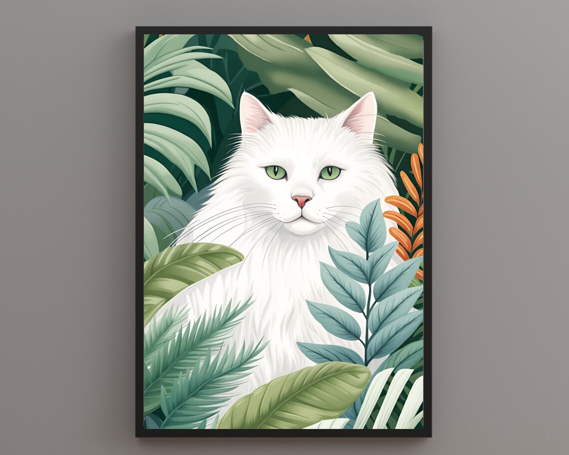 Fluffy White Longhair Cat With Striking Green Eyes in Leaves Poster