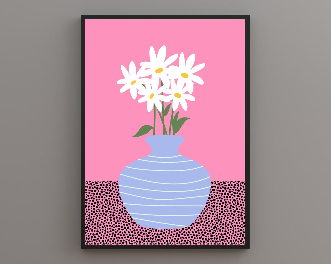 White Daisies In Blue Striped Vase Bold Hot Pink Botanical Poster