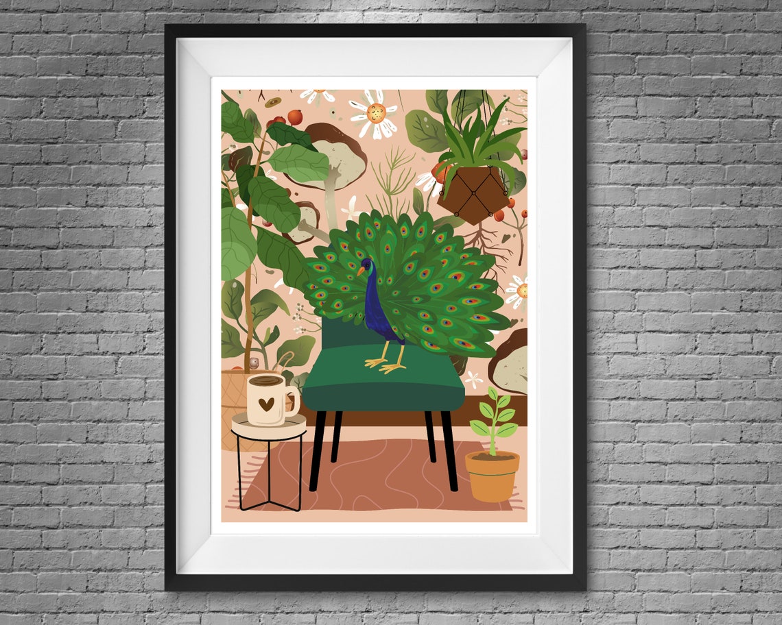 Peacock on Green Ottoman Botanical Jungle Colorful Bird Wall Poster - Image 3