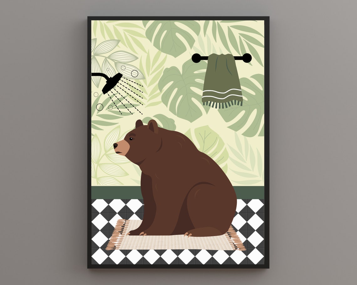 Brown Bear Sitting Under A Shower In A Green Leaf Bathroom Poster