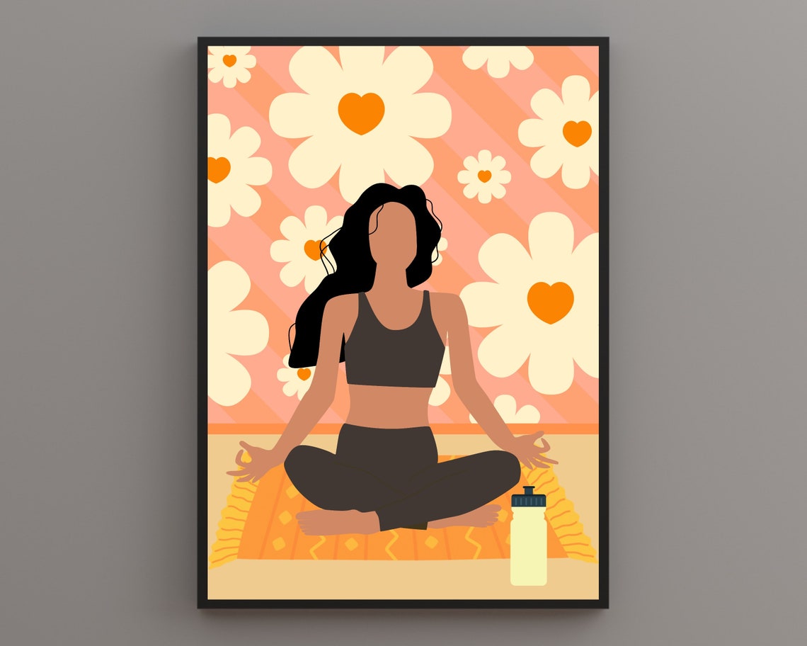Groovy Yoga Girl Daisy Retro Orange Yoga Room Wall Meditation Poster