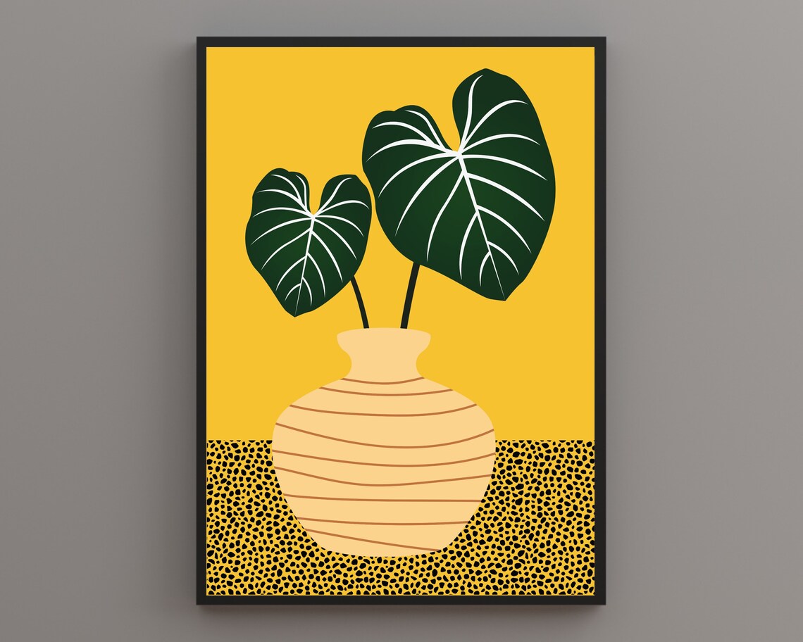 Veined Alocasia Leaves In A Striped Vase On Mustard Yellow Poster