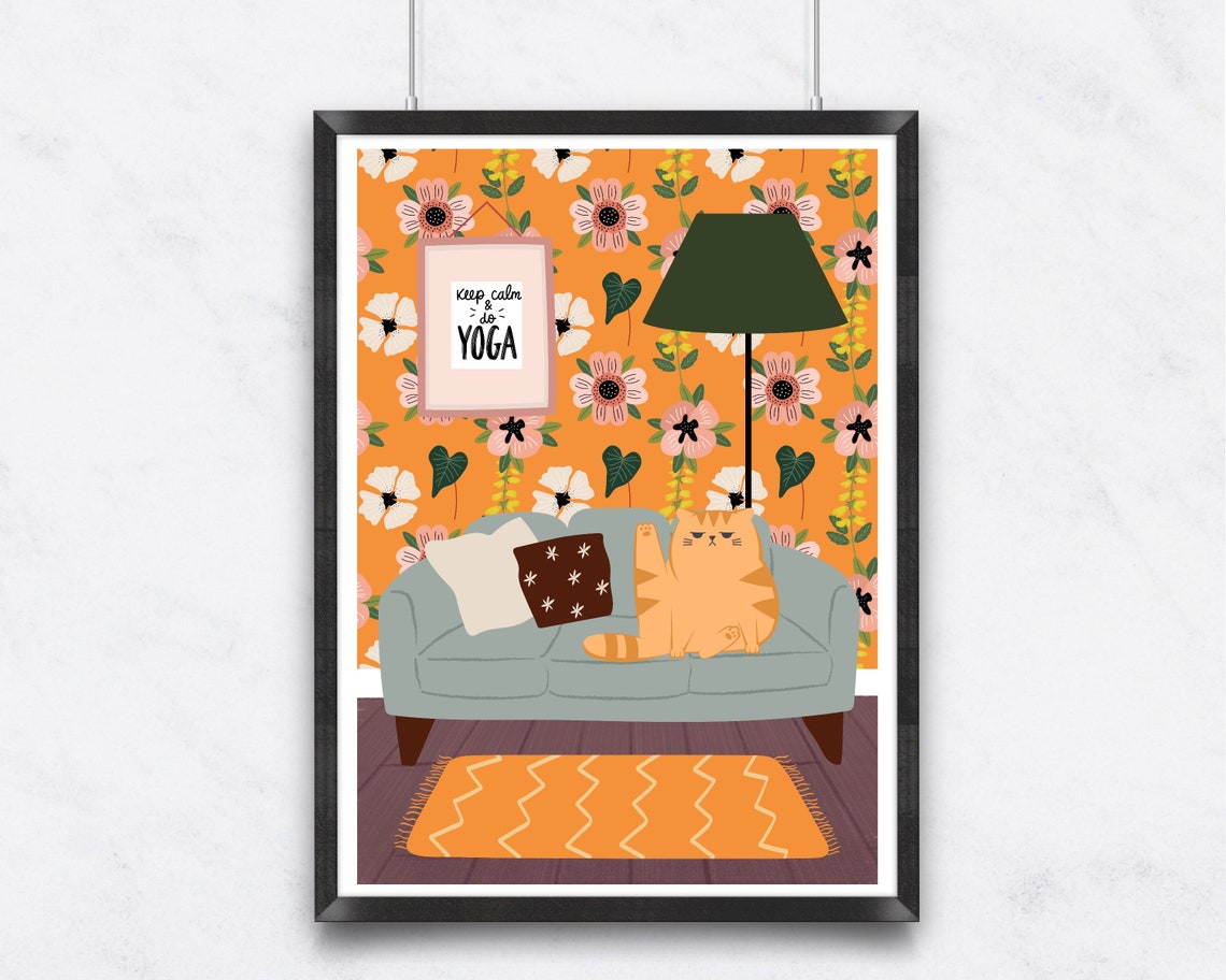 Ginger Cat on Grey Sofa by Keep Calm and Do Yoga Sign Animal Poster - Image 2