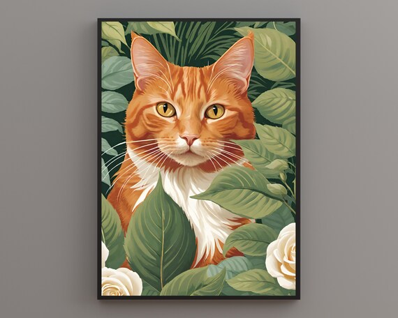 Ginger Cat With Golden Eyes Among Leaves and White Roses Poster