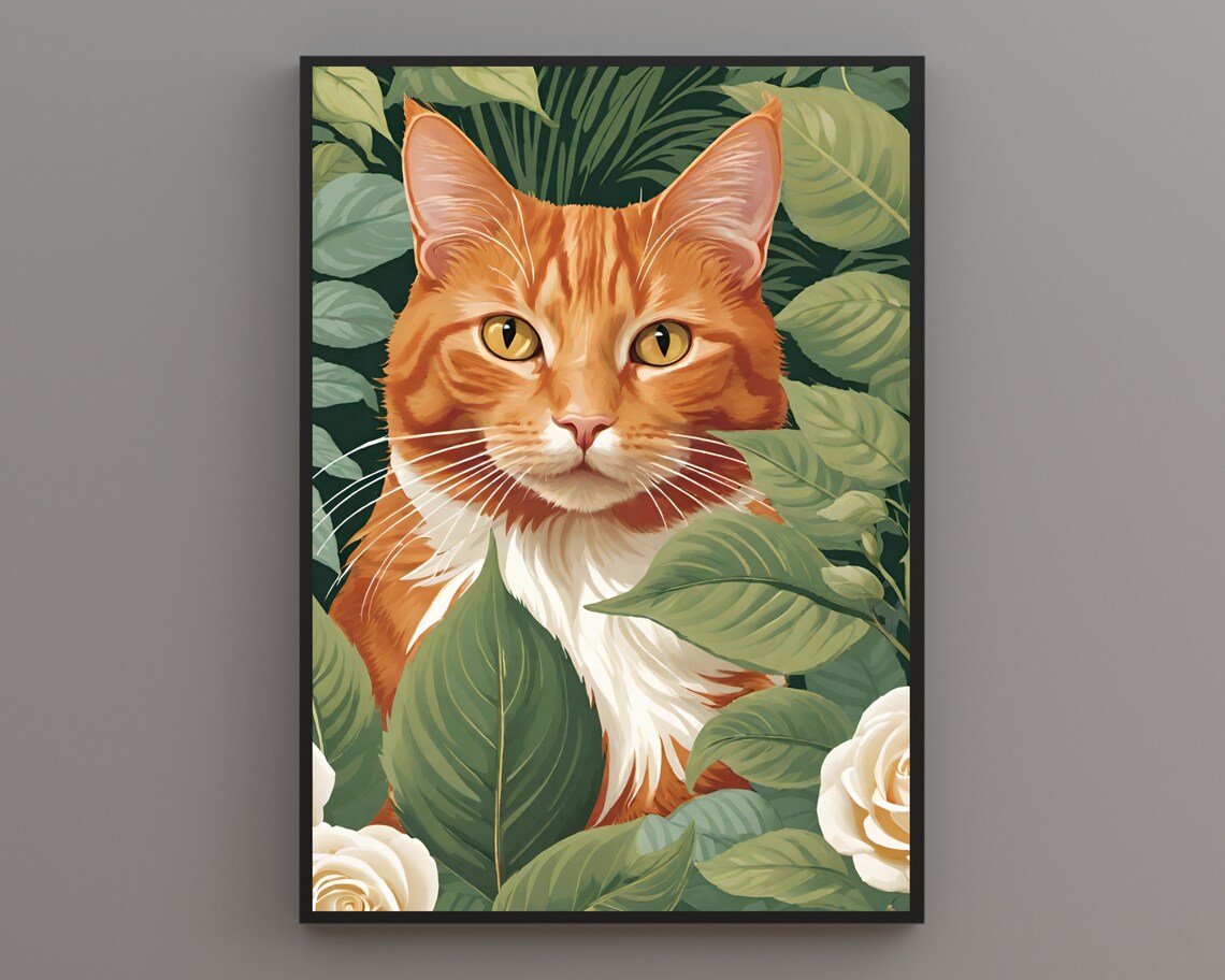 Ginger Cat With Golden Eyes Among Leaves and White Roses Poster