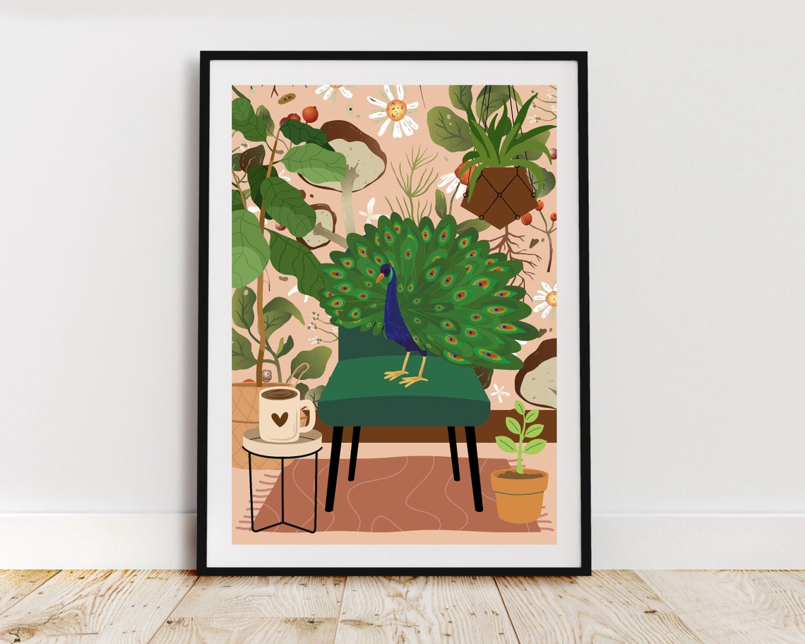 Peacock on Green Ottoman Botanical Jungle Colorful Bird Wall Poster - Image 2