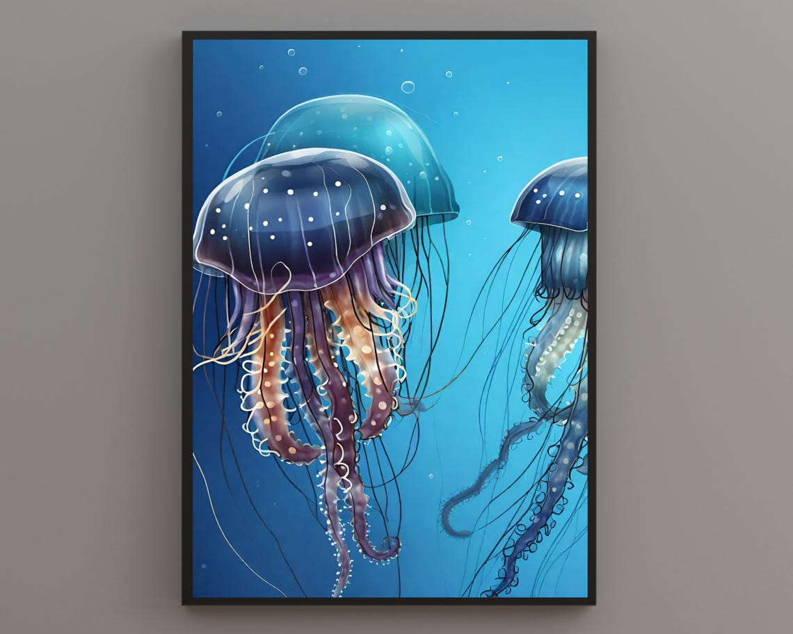 Glowing Jellyfish Drifting Gracefully in the Deep Blue Ocean Poster