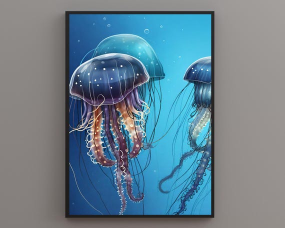 Beautiful Jellyfish Print Under The Sea Prints Blue Underwater Fish Print Box Jellyfish Poster Stunning Print