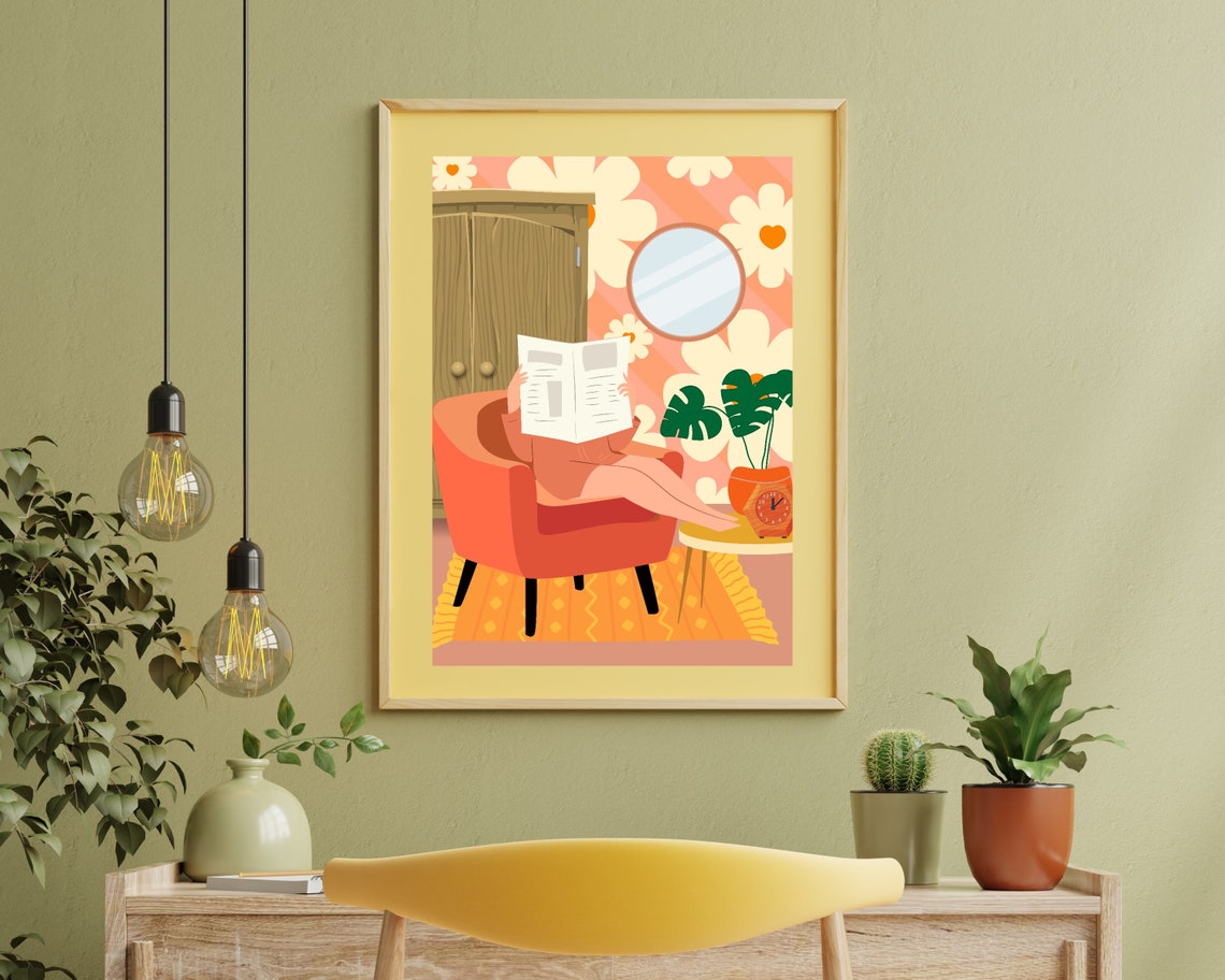 Woman Reading Newspaper on Orange Sofa Retro Floral Wall Poster - Image 3