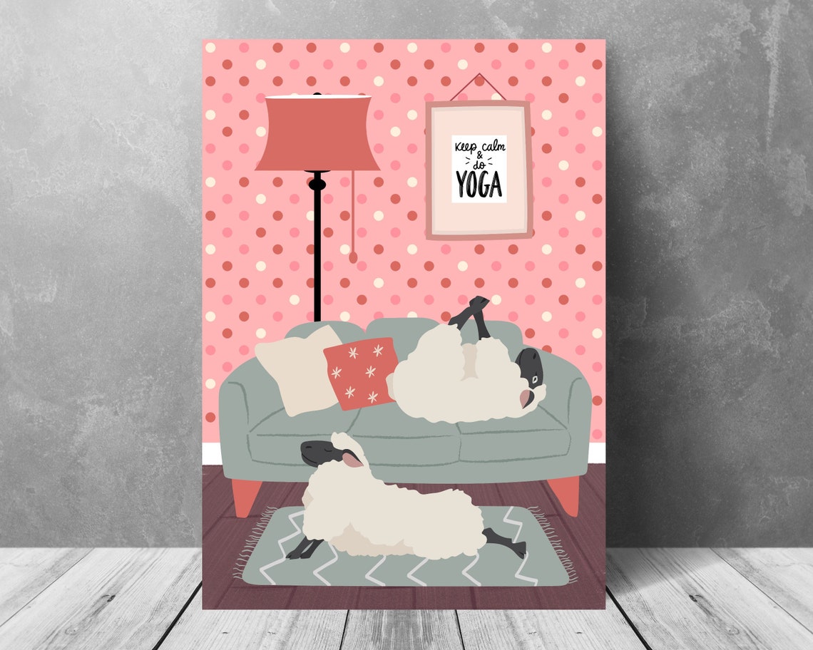 Two Sheep Relaxing by Grey Sofa Funny Polka Dot Yoga Animal Poster - Image 3