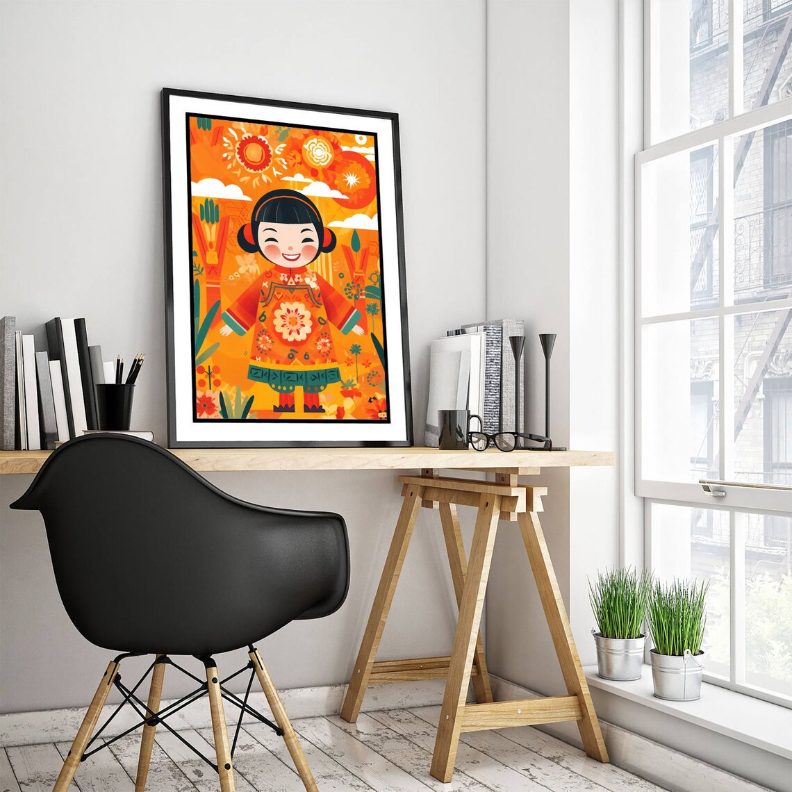 Happy Chinese Girl in Red Folk Dress With Sunflower Garden Art Poster - Image 3