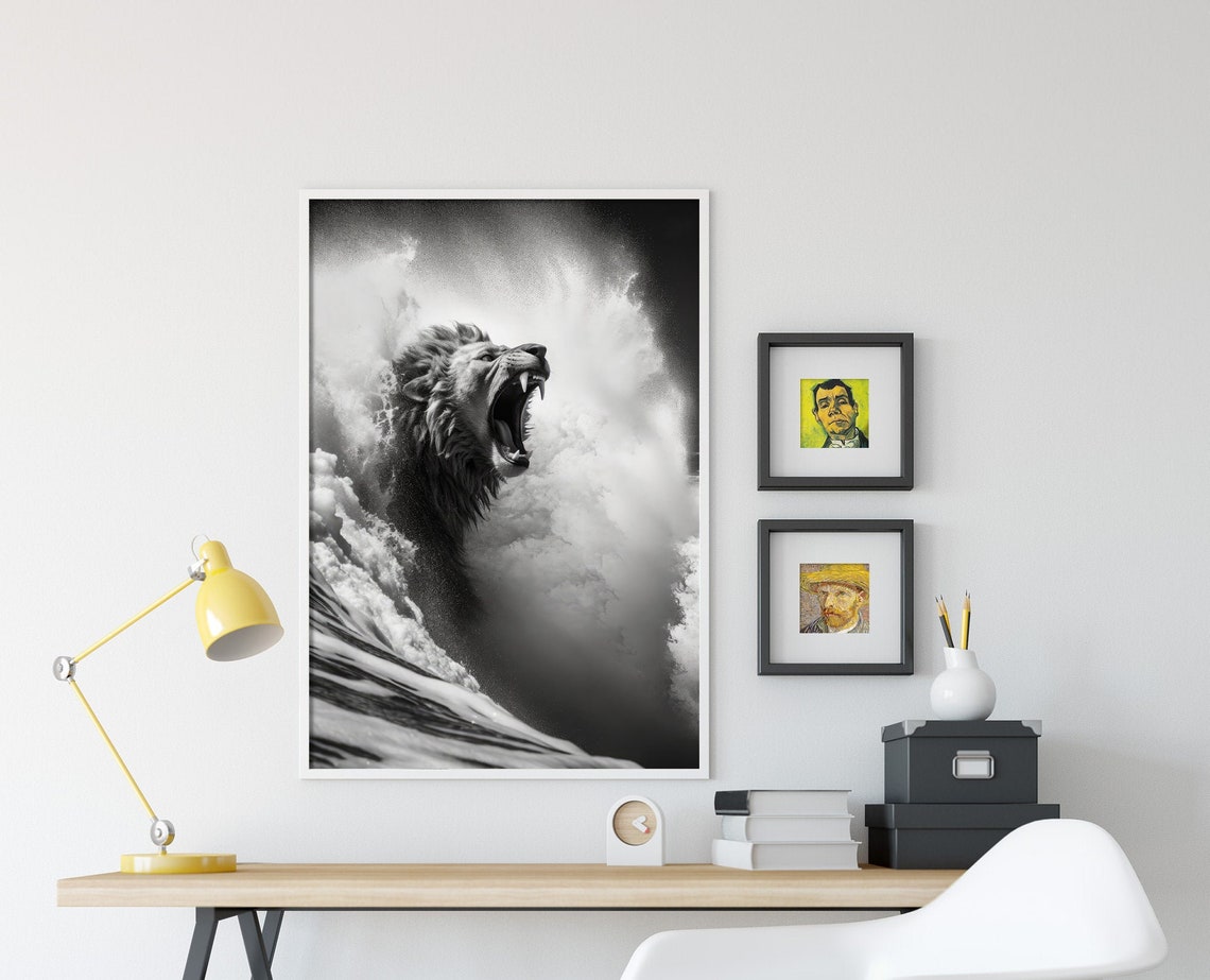 Roaring Lion Riding an Ocean Wave in Black and White Photo Poster - Image 4