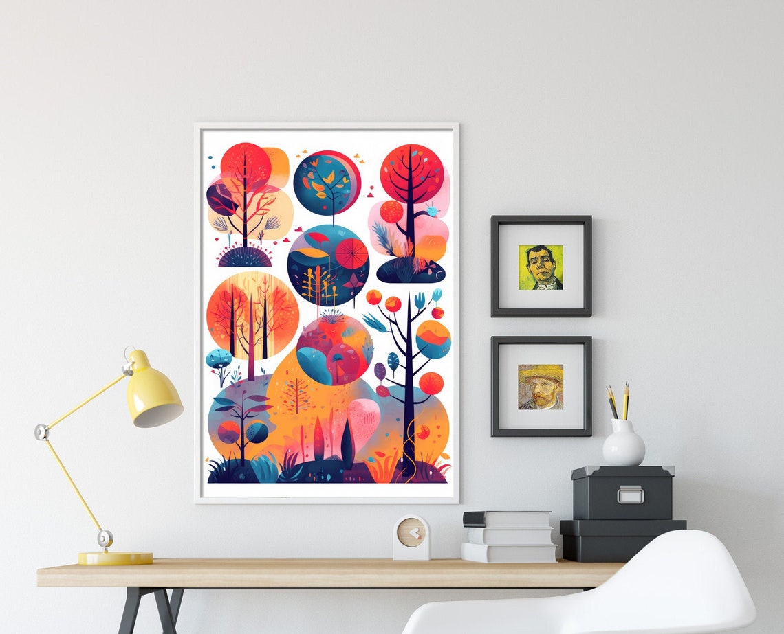 Whimsical Autumn Tree Collection in Sunset Circles Folk Art Poster - Image 4