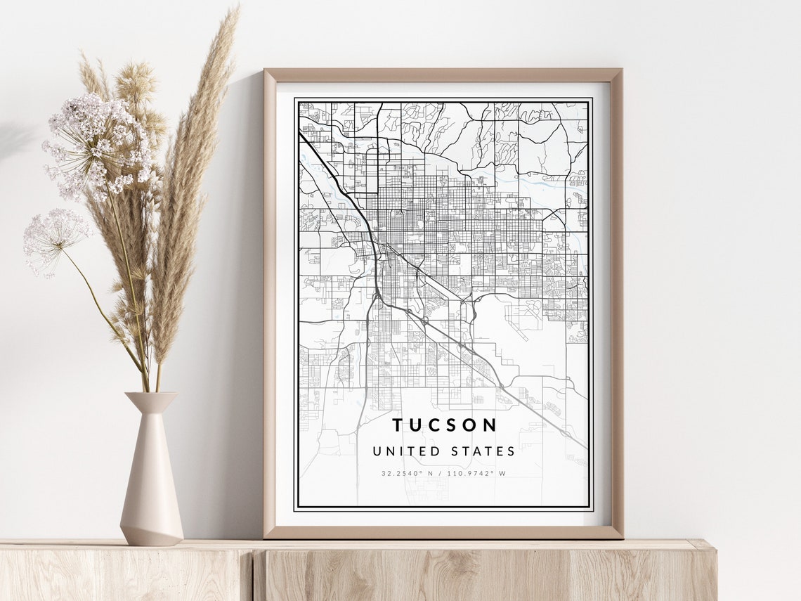 Tucson Arizona Street Map Black White Geographic Coordinates Wall Art