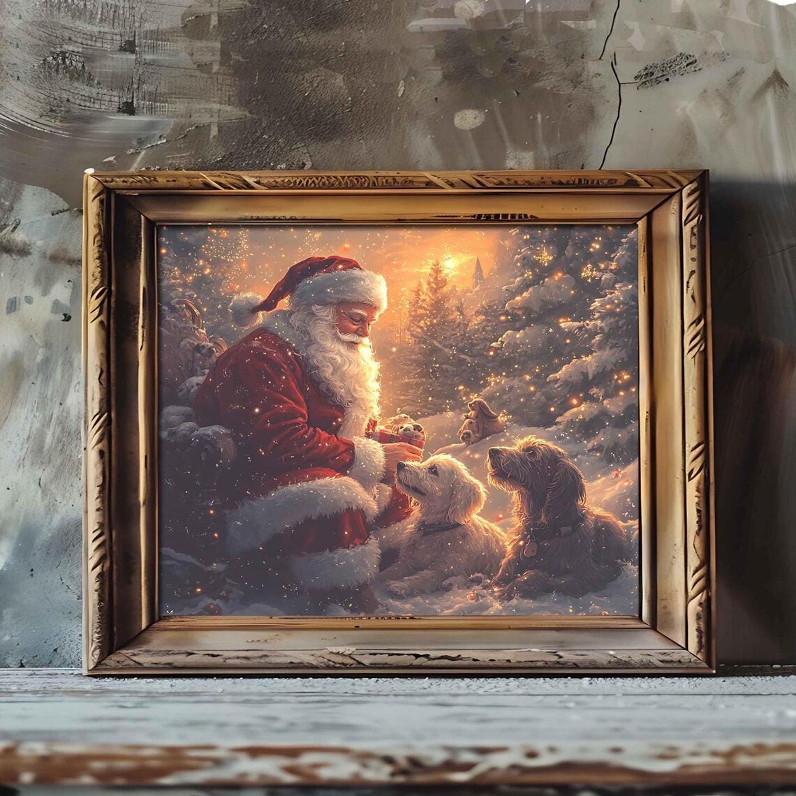 Santa Claus and Dogs Vintage Christmas Art Print