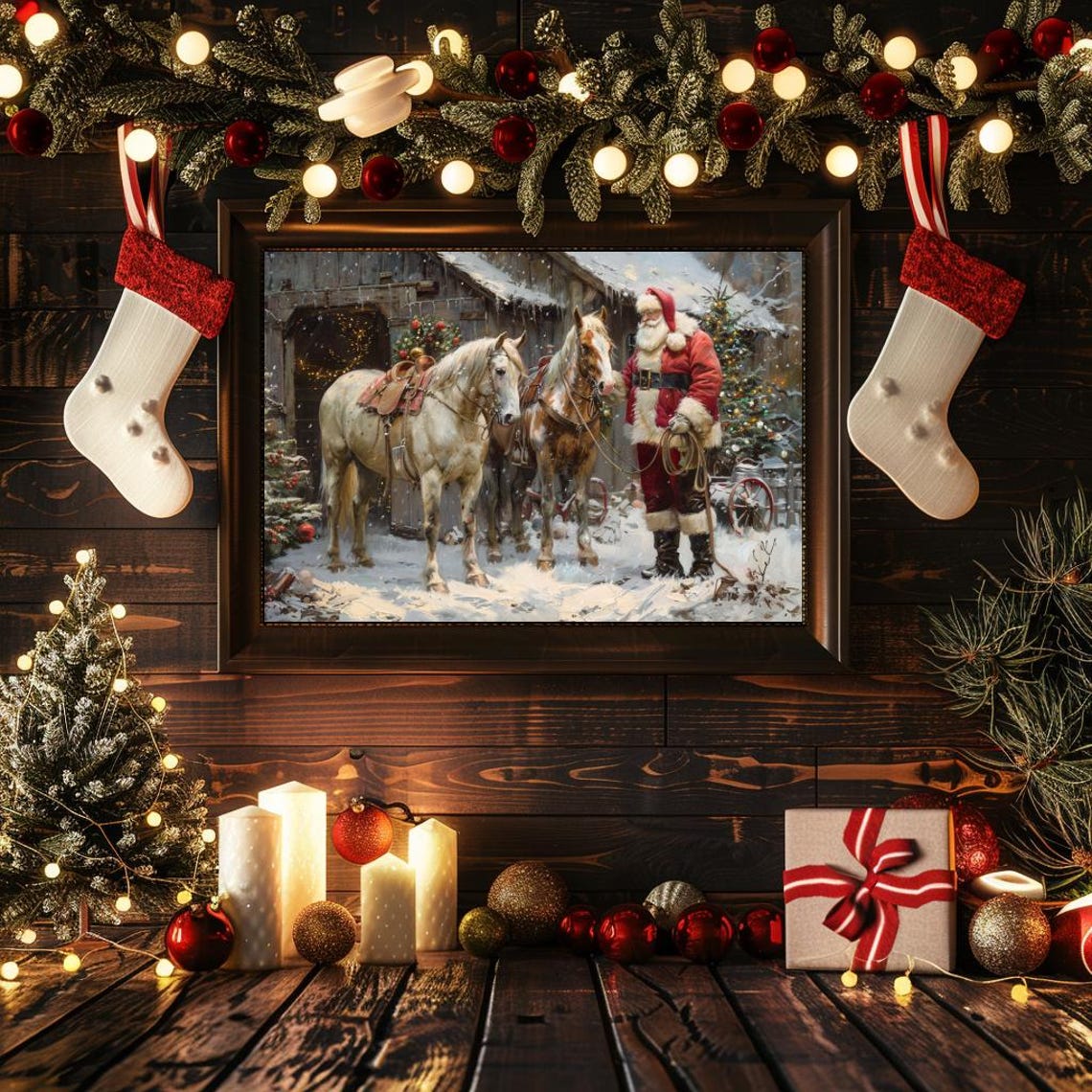 Santa Farm Print Santa Horse Horse Christmas Art Cute Horse Festive Animal Wall Art Holiday Farmhouse Decor 177 - Image 2
