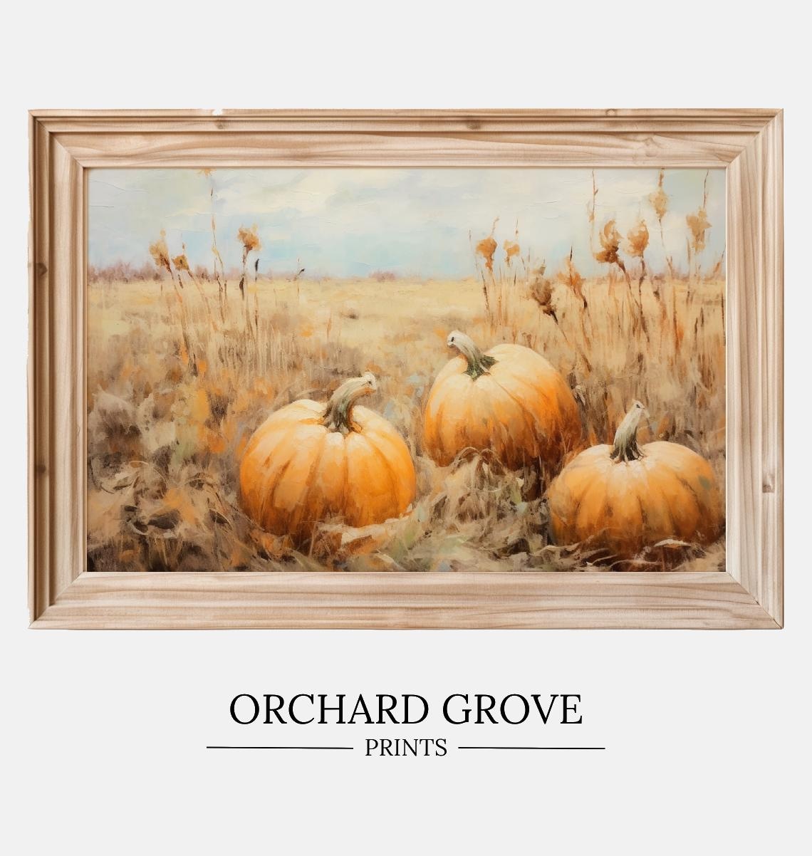 Golden Pumpkin Field Harvest Fall Landscape Vintage Oil Painting Poster