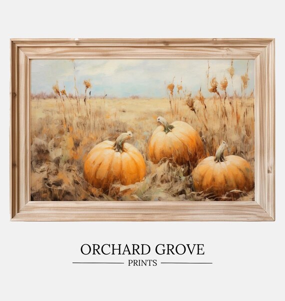 Golden Pumpkin Field Harvest Fall Landscape Vintage Oil Painting Poster