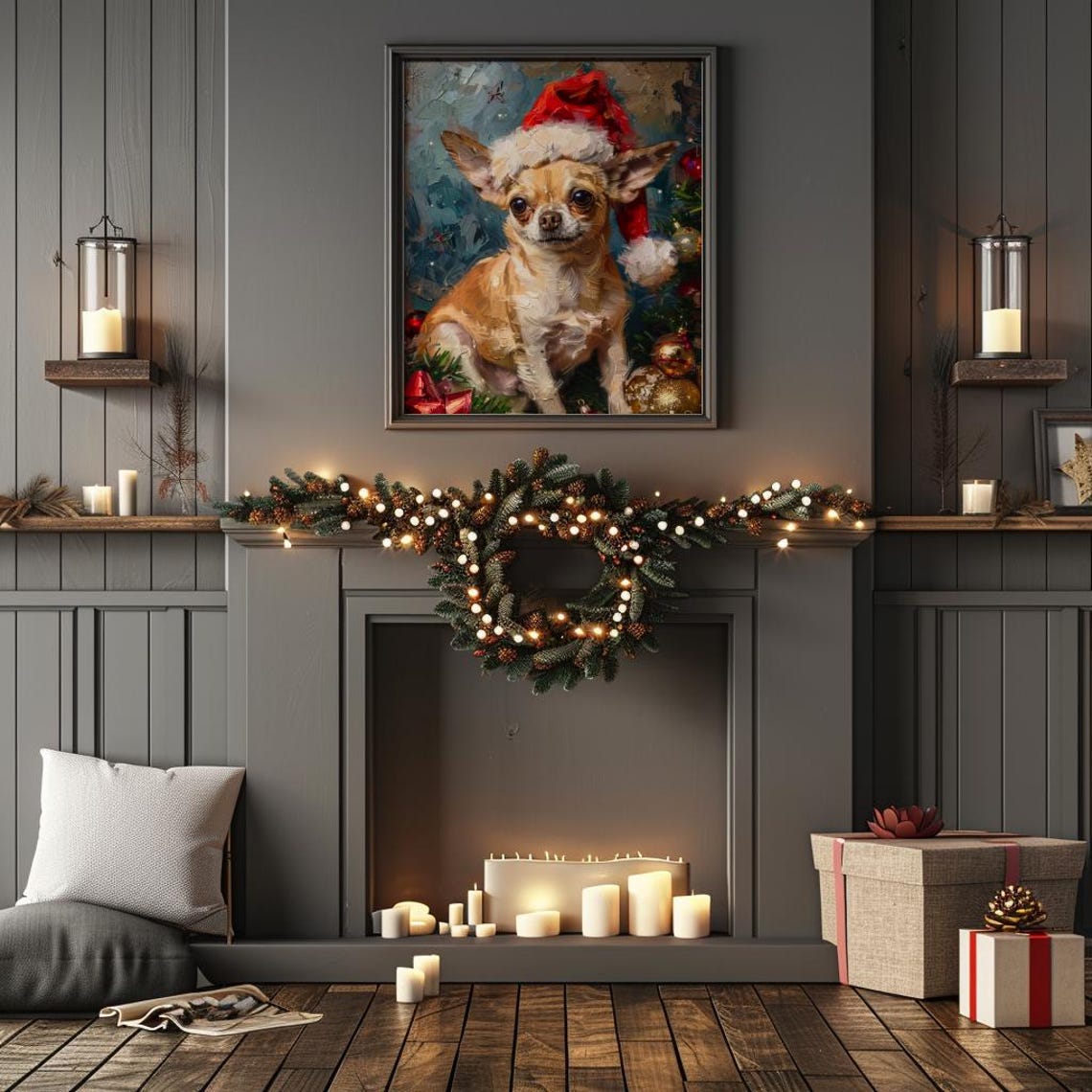 Christmas Dog Wall Art Print Santa Dog Painting Christmas Chihuahua Christmas Puppy Christmas Holiday Decor Santa Pet 186 - Image 2