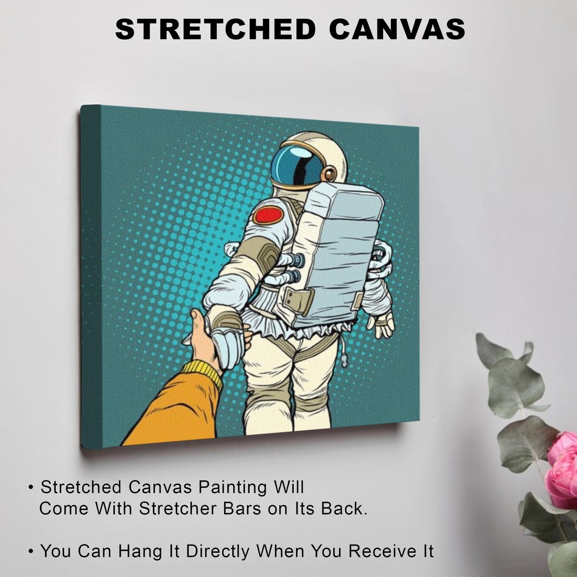 Retro Pop Art Astronaut Holding a Hand on Teal Halftone Poster - Image 3