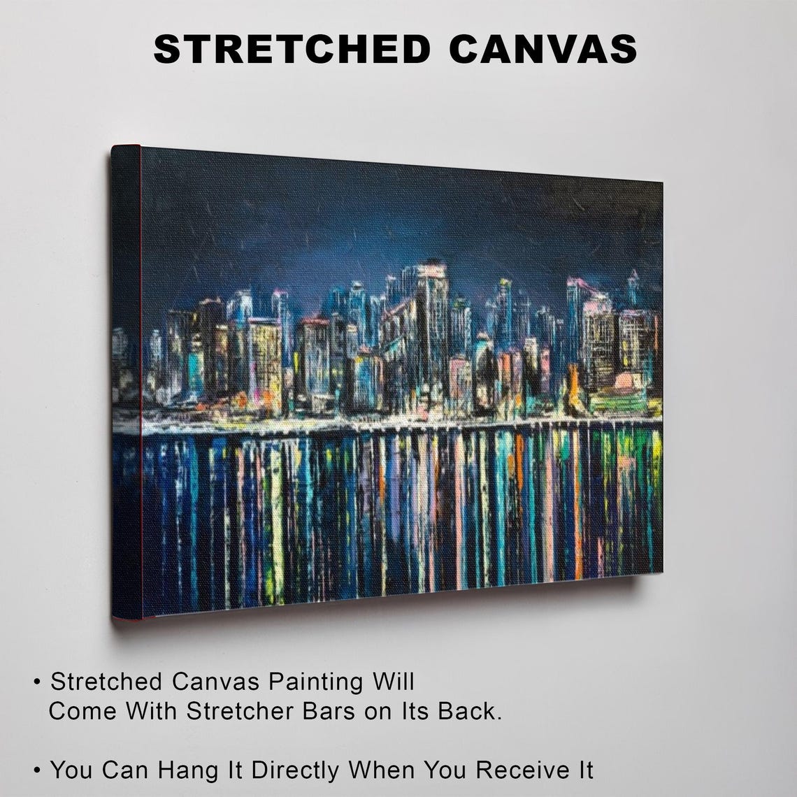 Glowing City Skyline at Night Water Reflections Oil Painting Poster - Image 3