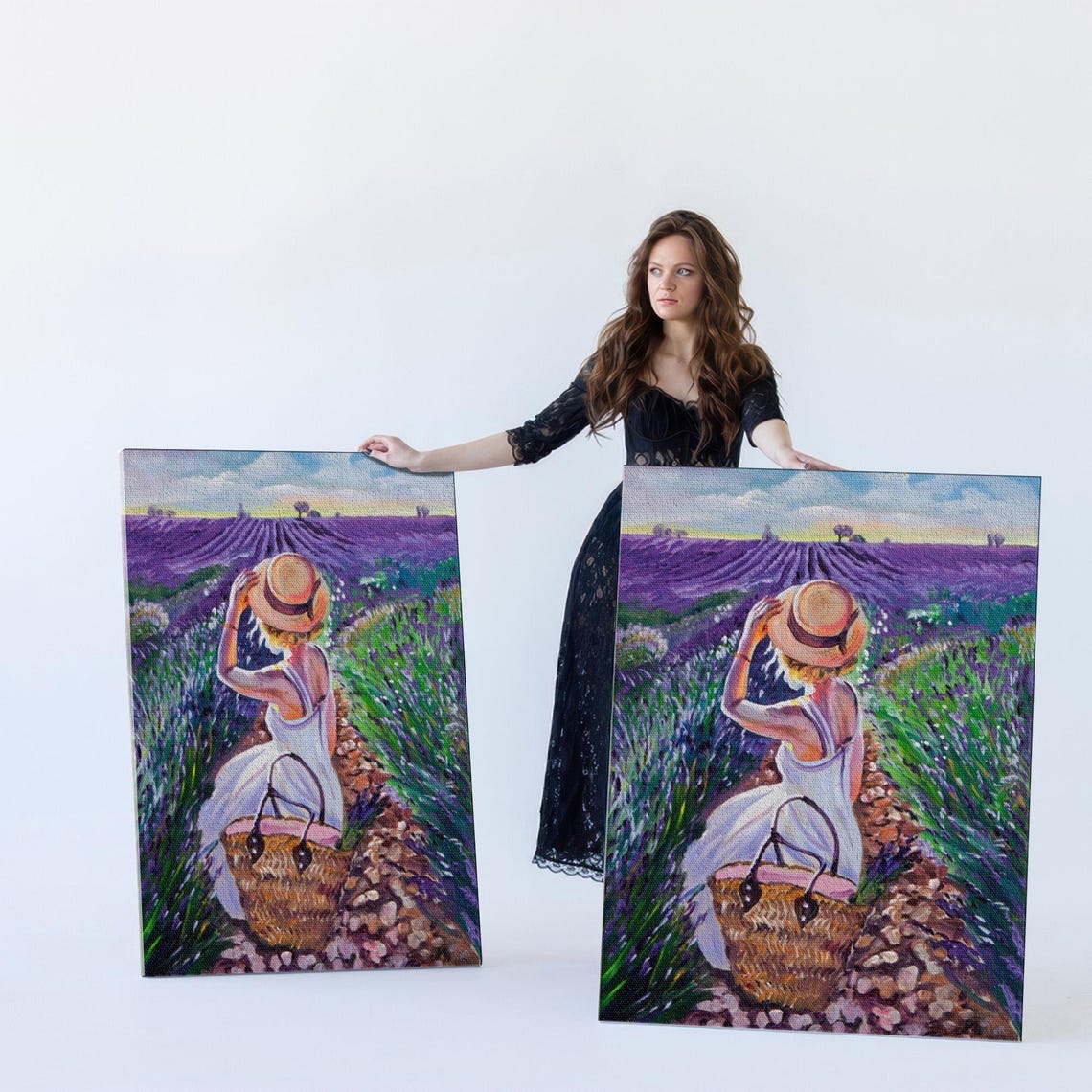 Woman In Straw Hat Sitting In Lavender Field At Sunset Poster - Image 5