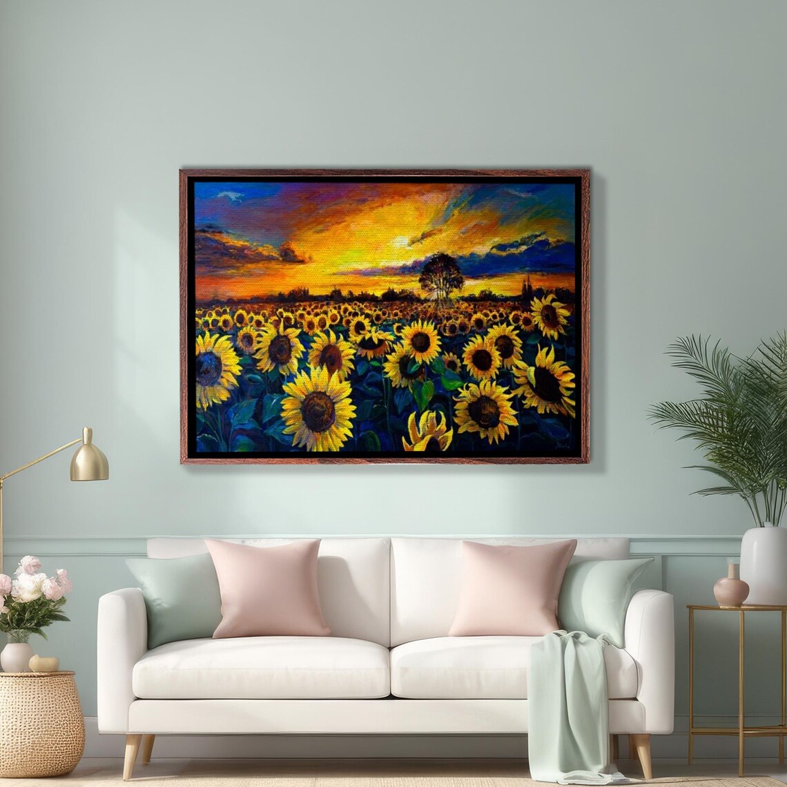 Sunflower Field At Golden Sunset Glowing Oil Painting Art Poster