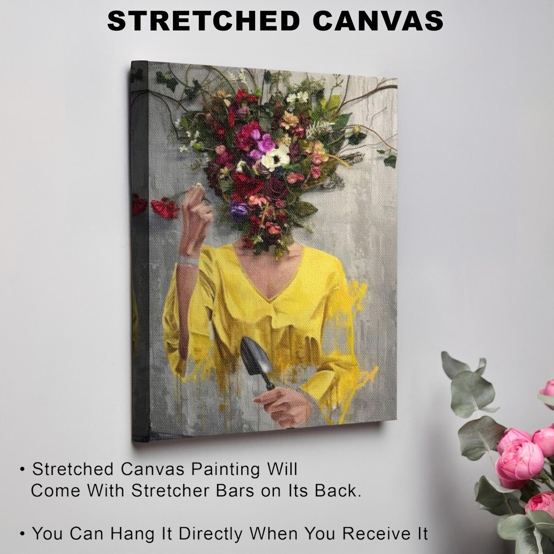 Woman With Flower Head Holding Trowel In Surreal Garden Poster - Image 3
