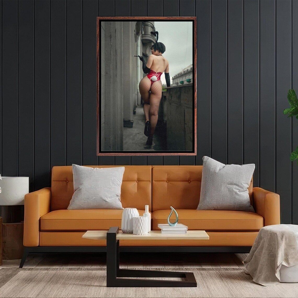 Red Bunny Pin Up Girl Walking Dark City Alley Boudoir Art Poster - Image 2
