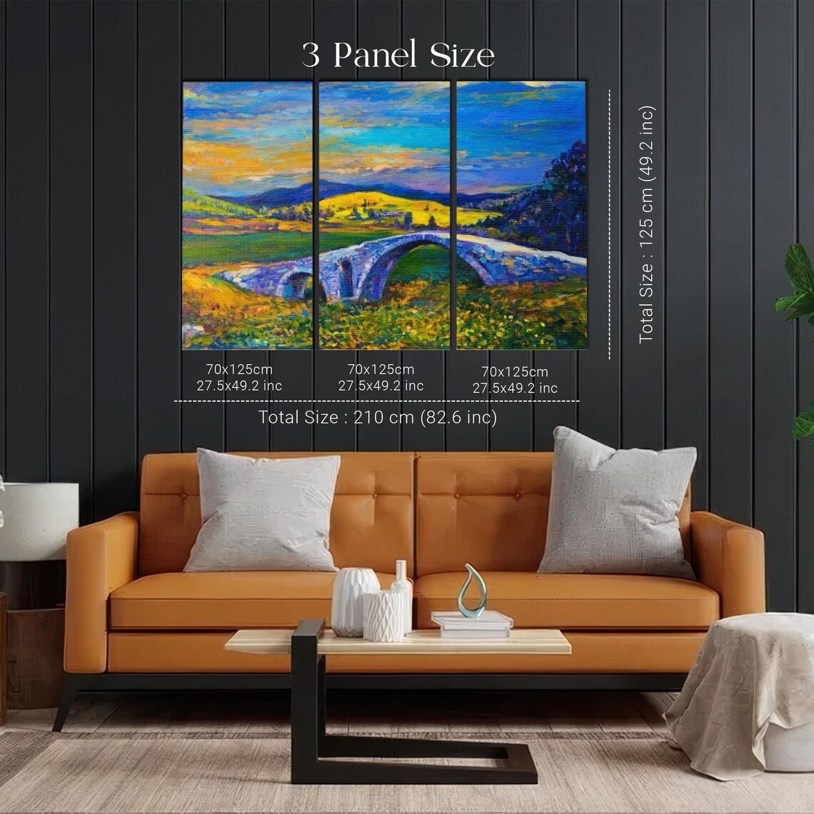 Stone Arch Bridge Over River At Sunset Landscape Painting Art Poster - Image 2