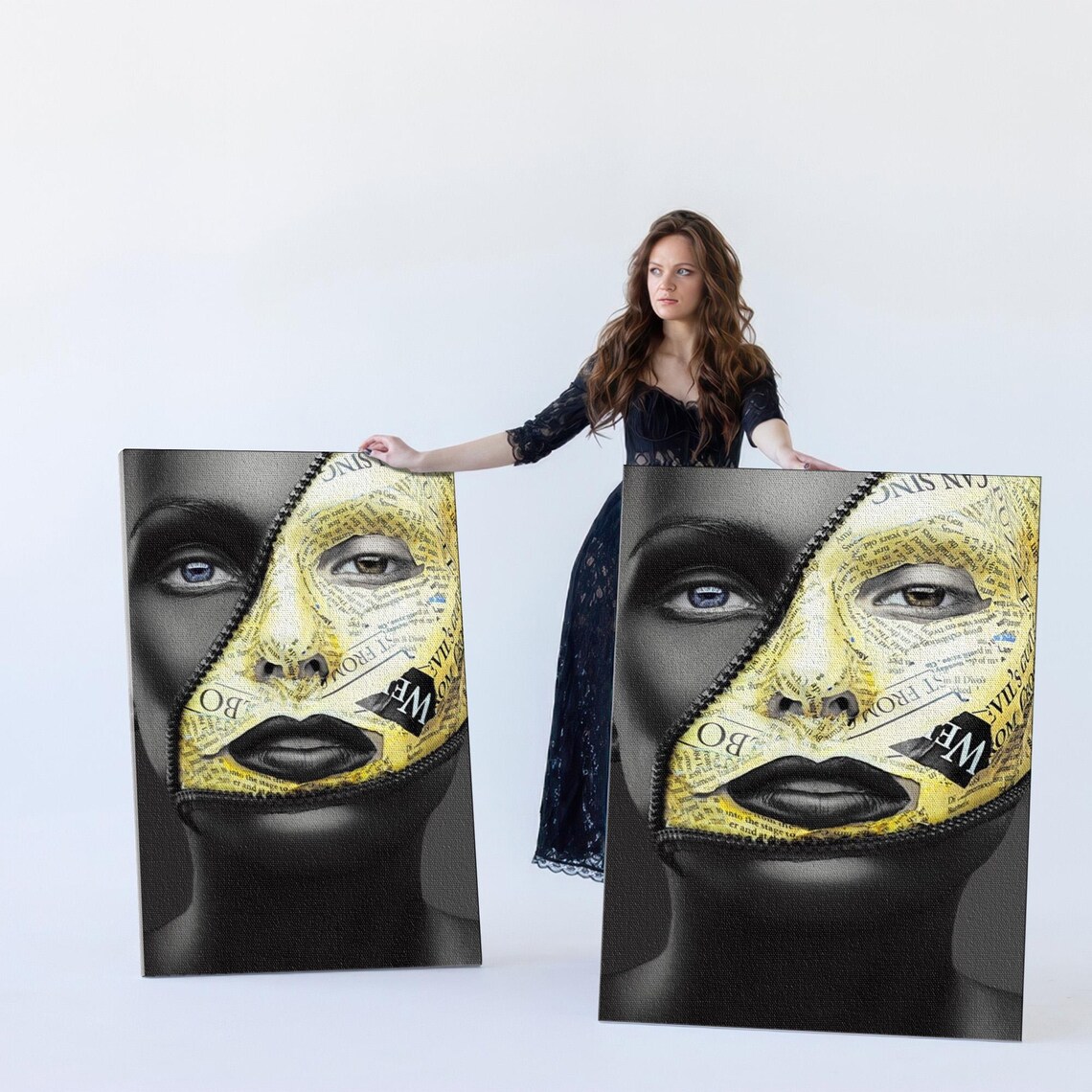 Surreal Zipper Face Portrait With Newspaper Texture Modern Art Poster - Image 5