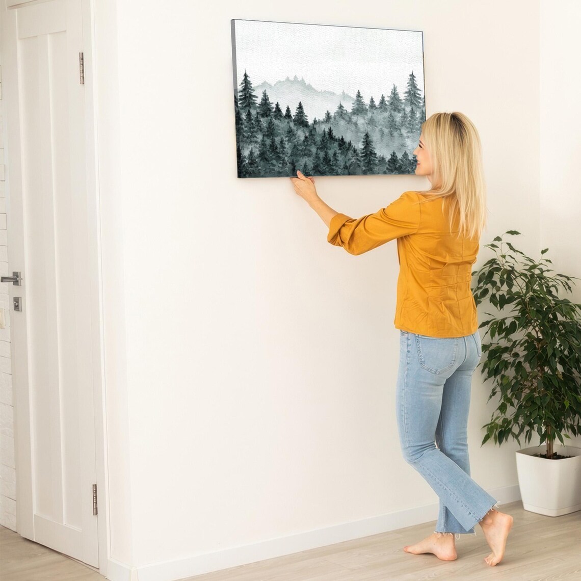 Misty Pine Forest Watercolor In Soft Gray Green Tones Poster - Image 5