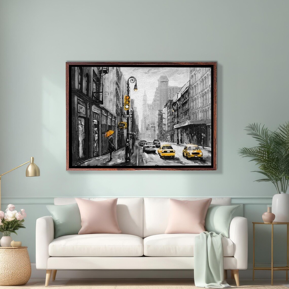Black and White New York Street With Yellow Taxis Rain Poster