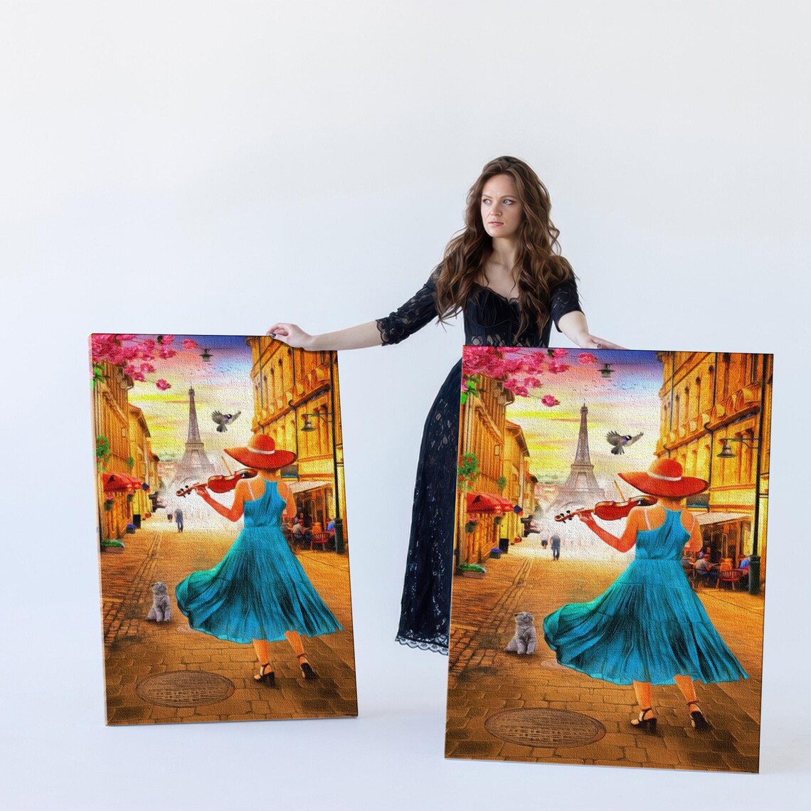 Violinist in Blue Dress on a Paris Street with Eiffel Tower Poster - Image 5