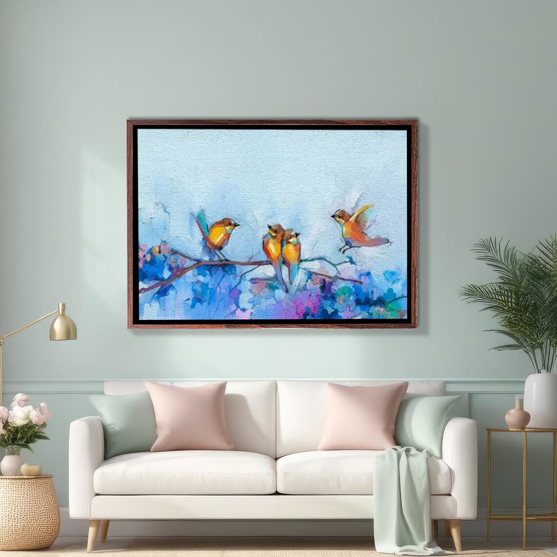 Colorful Songbirds On A Flowering Branch Soft Spring Art Poster