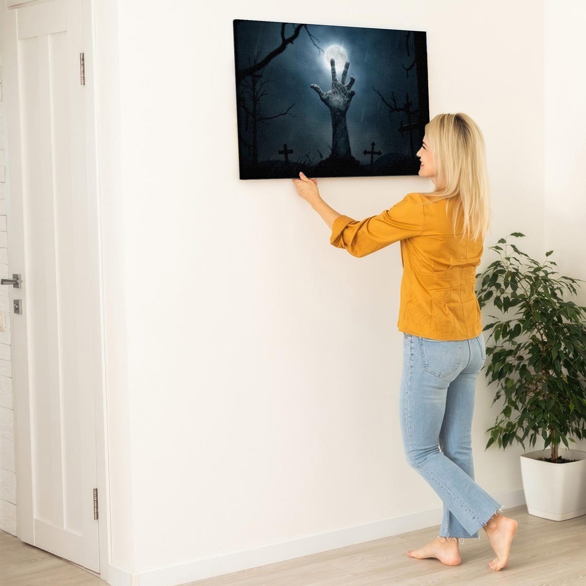 Zombie Hand Rising From Cemetery Grave Full Moon Horror Poster - Image 5
